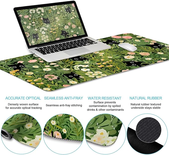 Cat Ergonomic Mouse Pad with Wrist Rest Desk Mat Set Green Gaming Mouse Pad Wrist Support Keyboard Mat Wrist Rest Cup Coaster Funny Office Decor