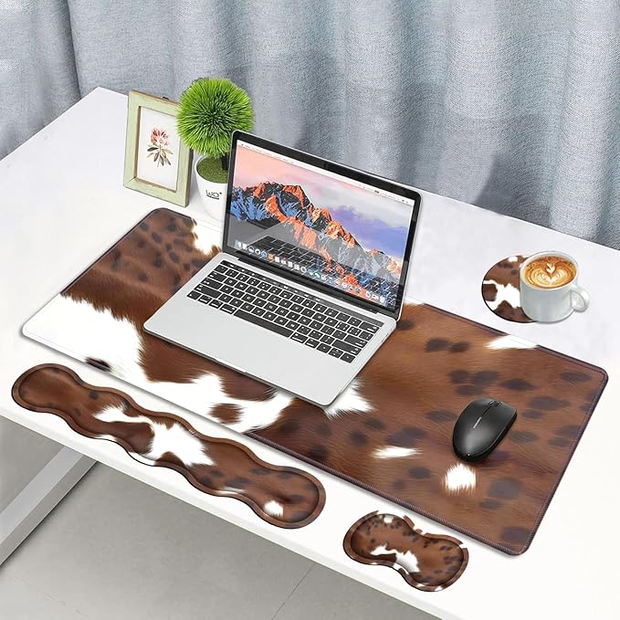 4 in 1 Ergonomic Memory Foam Mouse Pad Wrist Rest Set Large XXL Gaming Desk Pad + Keyboard Wrist Rest + Mouse Wrist Cushion + Coaster for Home Office Study Gaming Brown Cow Print