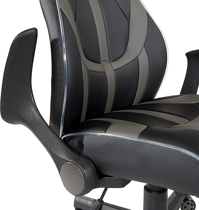 OSP Home Furnishings Output Mid-Back LED Lit Gaming Chair with Thick Padded Seat and Lumbar Support Black Faux Leather with Grey Trim and Accents