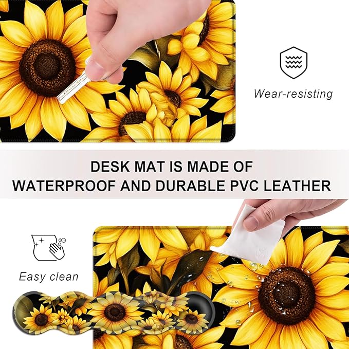 Mouse PadLarge Desk Mat Set 4in1 XL Mousepad + Keyboard Wrist Rest+Mouse Wrist Rest+Coaster with Ergonomic Desk Pad for Home Office Table Computer Cover -Yellow Sunflowers