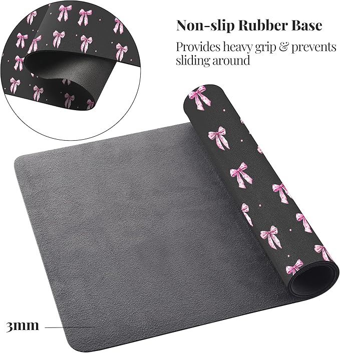 Idocolors Pink Bow Desk Mat Cute Extended Gaming Keyboard Mouse Pad Large Office Desk Cover Mat Pad Deskmat Non-Slip Leather Home Office Desk Mat Protector 31.5×15.7