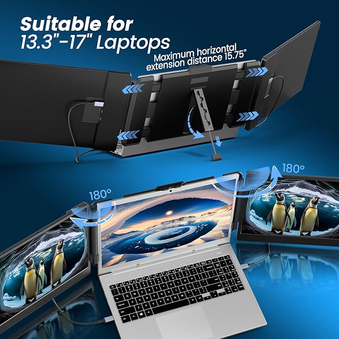 domyfan 14 Laptop Screen Extender FHD 1080P IPS Triple Portable Monitor for Laptop HDMI/USB-A/Type-C for Windows Mac Android Chrome Switch &amp PS5 Work with 13.3”-17” Laptops
