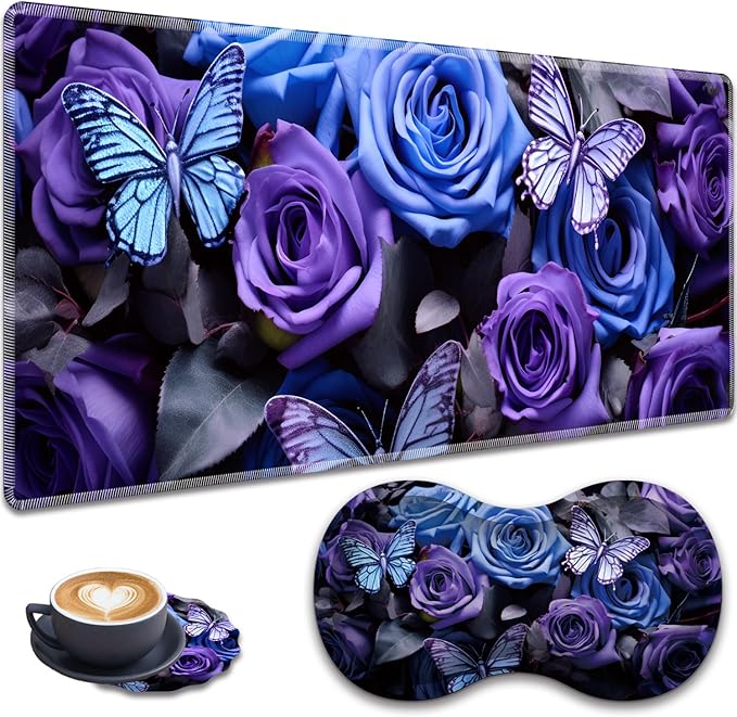 Mouse Pad Set Large Gaming Mouse Pad (31.5X 11.8 inches)+ Wrist Rest Pad + Coaster Ergonomic Wrist pad Home Office Desk Accessories Decor Supplies Purple Roses and Blue Butterflies