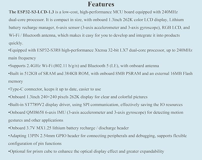 ESP32-S3 1.3inch Display Development Board ESP32 with Display 240x240 Pixels Built-in ST7789V2 &amp 6-Axis IMU 262K Color SPI Communication Supports 90° Hardware Rotation with Case and Prism Cu