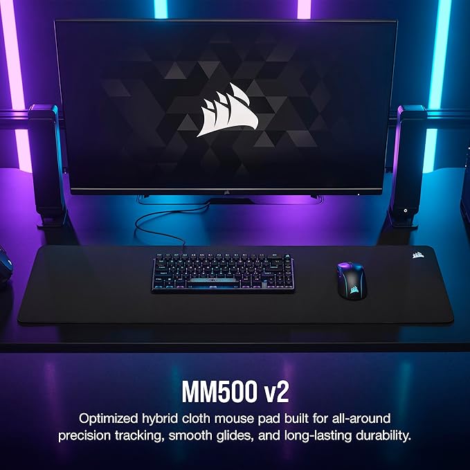 Corsair MM500 v2 Hybrid Cloth Gaming Extended Mouse Pad – 93cm x 30cm – Spill-Proof Coating – Anti-Fray Stitched Edges – Non-Slip Rubber Base – Black
