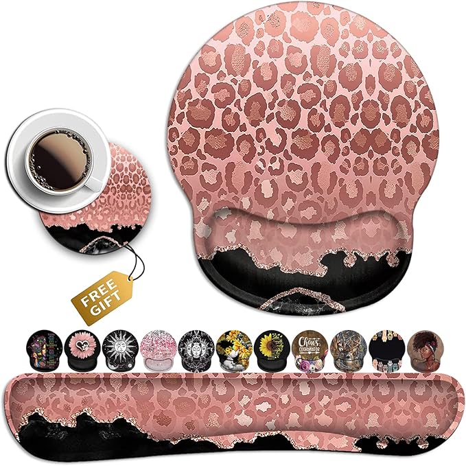 Ladies Desktop Mouse Pad with Wristband Soft Memory Foam Keyboard Wrist Rest Ergonomic Mouse Pad Coaster Keyboard Mousepad SetFashion Rose Gold Leopard Pattern and Black Marble Design