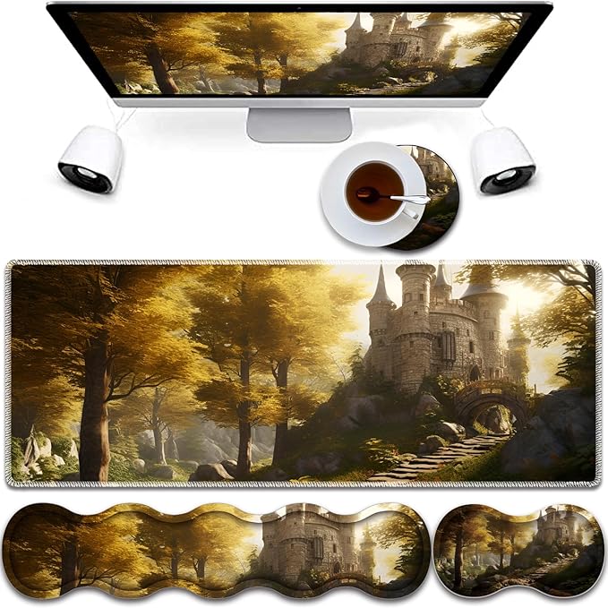 Mouse Pad Combo Large Gaming Mouse Pad + Keyboard Wrist Support + Mouse Wrist Rest + Coaster Table Pad 31.5 x 11.8 with Memory Foam Ergonomic Wrist Pad Set Fairytale Castle
