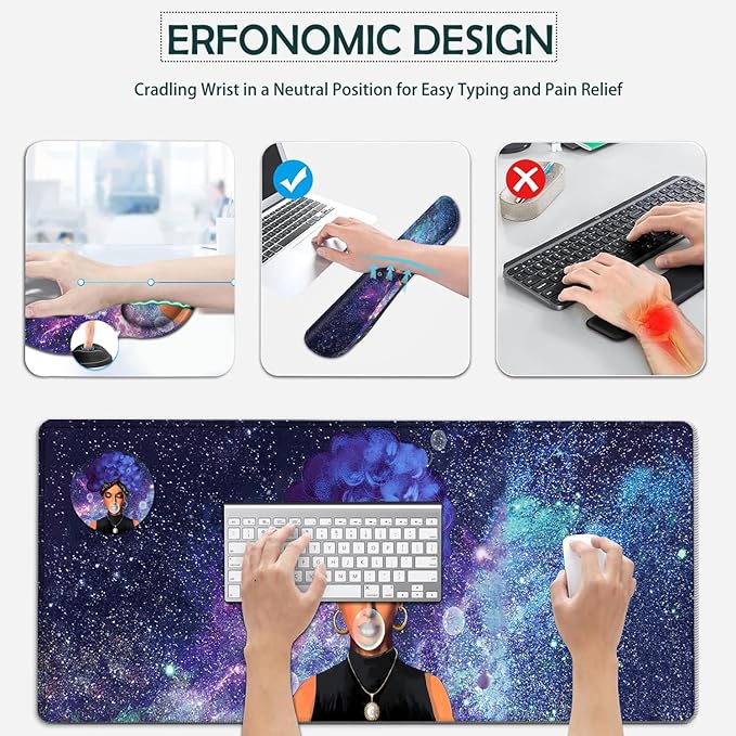 Large Mouse Pad Ergonomic Mouse Pad with Wrist Rest and Keyboard Wrist Rest 4 in 1 Set 31.5 x11.8 inch Extended Desk Pad for Home Office African Black Women Girls Starry Sky Purple Gaming Mouse Mat