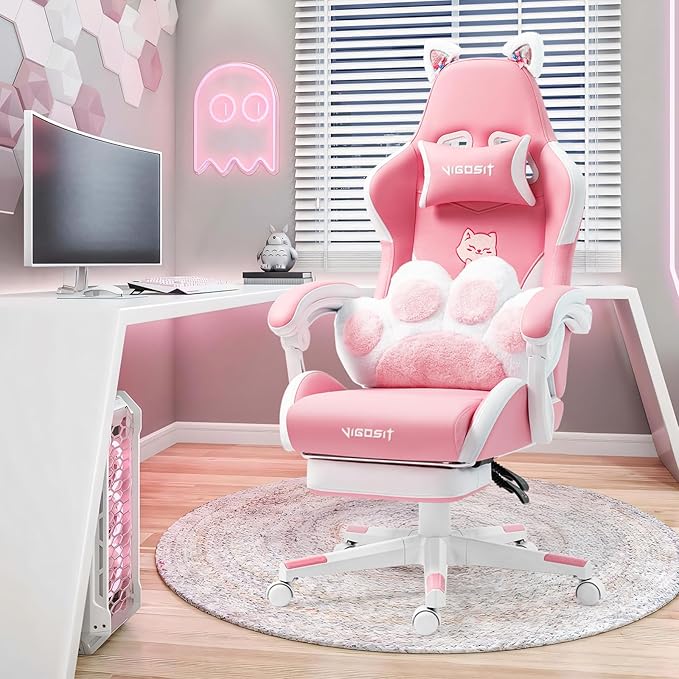 Pink Cat Gaming Chair with Footrest Ergonomic Cute Gamer Chair with Cat Ears Comfortable Desk Computer Chair for Girls Adults