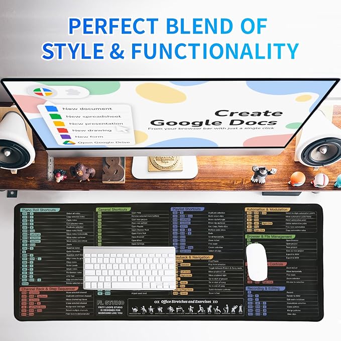 FL Studio Mousepad Extra Large Fruity Loops Studio Shortcuts Mouse Pad Large Gaming Desk Mat Stitched Edges Non-Slip Rubber Base Desk Pad for Computers Laptop (FL Studio)