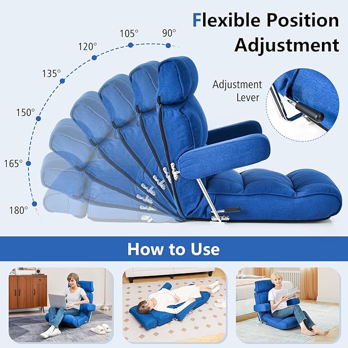Giantex Adjustable Folding Sofa Chair - Lazy Floor Chair with Infinitely Adjustable Backrest Extendable Armrest &amp Seat Couch Recliner for Meditation Reading Gaming Floor Chairs for Adults (Blu