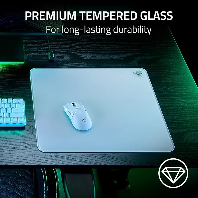 Razer Atlas Tempered Glass Gaming Mouse Mat: Ultra-Smooth Micro-Etched Surface - Dirt and Scratch-Resistant - Anti-Slip Base - Quiet Mouse Movements - White