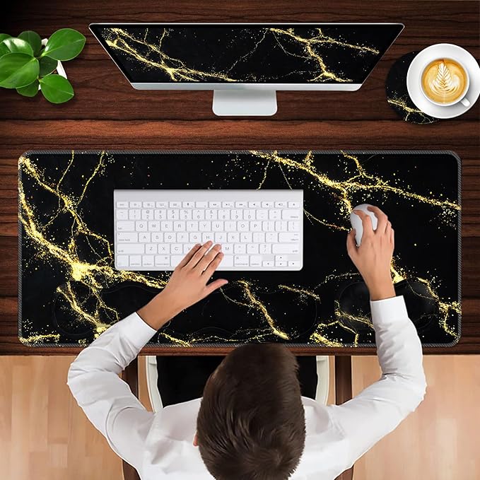 Keyboard Wrist Rest and Mouse Pad with Wrist Support Set Ergonomic CoasterMemory FoamEasy Typing Pain ReliefLarge XL Desk Mat 31.5x 11.8Black Marble