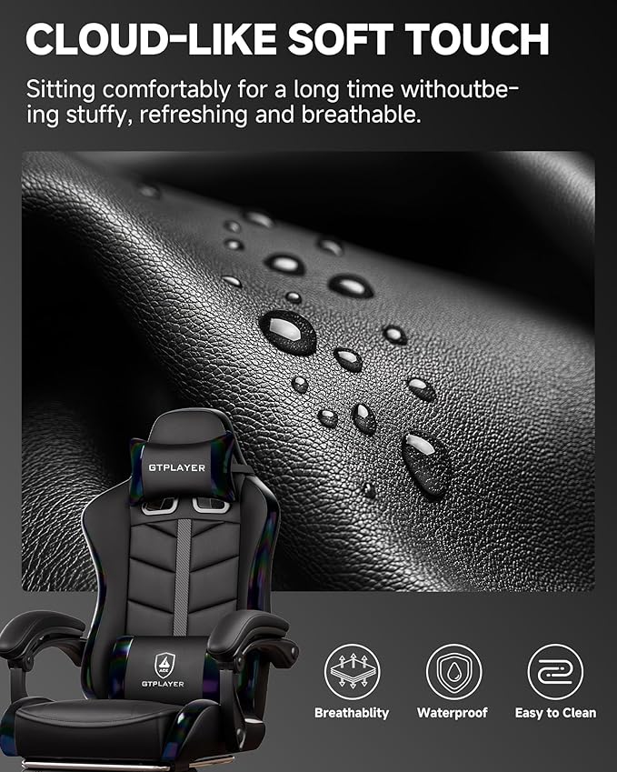 GTPLAYER Gaming Chair for Adults Ergonomic Computer Gaming Chair with Footrest Height Adjustable 90-155° Recline &amp Removable Headrest Lumbar Support Colorful Black
