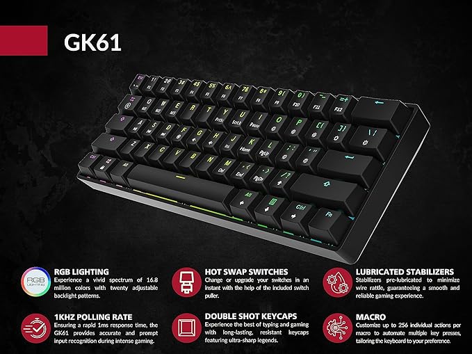 Mechanical Gaming Keyboard - 61 Keys Multi Color RGB Illuminated LED Backlit Wired Programmable for PC/Mac Gamer (Gateron Optical Silver Black)