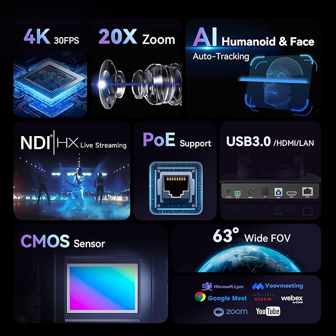 Tenveo 4K NDI PTZ Camera AI Humanoid &amp Face Auto-Tracking HDMI/LAN/USB3.0 PoE PTZ Camera 20X Optical Zoom IP Live Streaming for Church Services Worship Video Conference Live Streaming YouTube OB