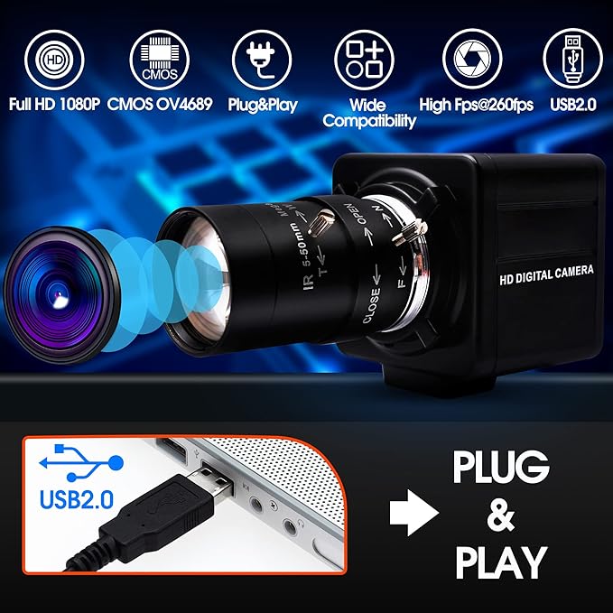 260fps Variable Focus Camera Optical Zoom Webcam2mp FHD 1080P Varifocal Web Cam Manual Zoom Lens WebcameraRaspberry Pi Mac Vari-Focus USB Web CameraClose-up Monitoring Varifocal Cameras