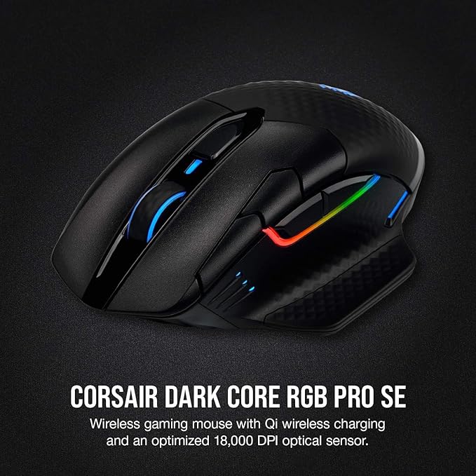 Corsair Dark CORE RGB PRO SE Wireless FPS/MOBA Gaming Mouse with Qi Charging – 18000 DPI – 8 Programmable Buttons – Sub-1ms Wireless – iCUE Compatible – PC Mac PS5 PS4 Xbox – Black