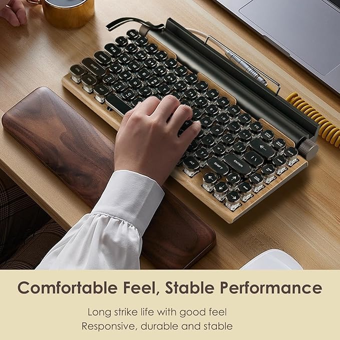 Sanpyl Retro Typewriter Keyboard 83 Keys Vintage Bluetooth Mechanical Keyboard Blue Gaming Keyboards for Desktop PC Laptop (Wood Grain Color)