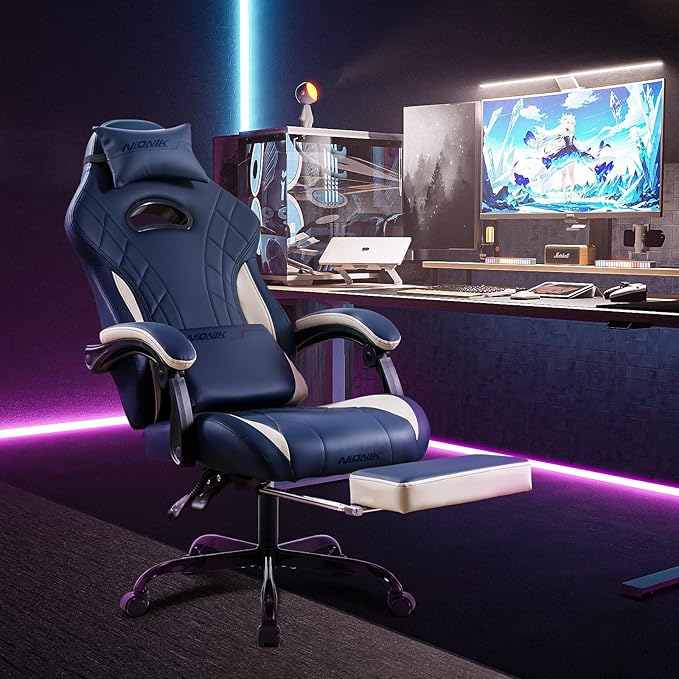 Gaming Chair with Footrest and Massage Lumbar Support Ergonomic Computer Gamer Chair Office Video Game Chairs (Blue)