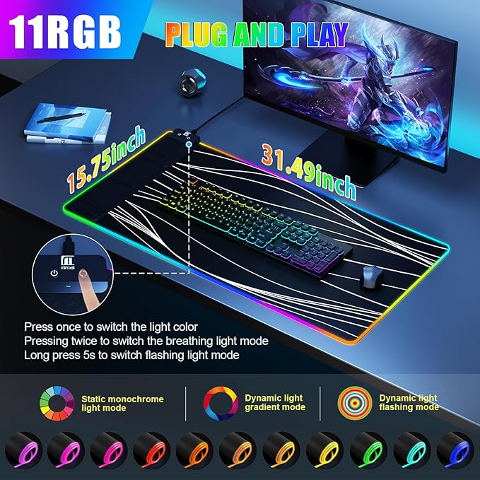 Mouse Pad with Foldable Phone Holder Wireless Charging Desk Mat RGB Gaming Mousepad Large Desk Pad with Non-Slip Base Waterproof Keyboard Pad Classic Black (XXL Stand Wavy)