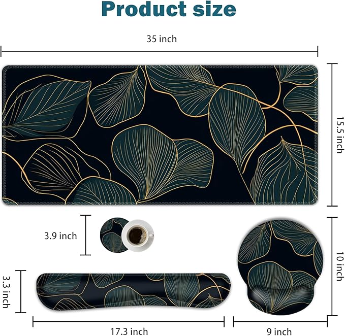 ARTSO Desk Mat Set Large Gaming Mouse Pad Wrist Support Keyboard Wrist Rest Ergonomic Desk Pad with Coaster Combo Extended Mousepad with Non-Slip Art Tropical Leaves