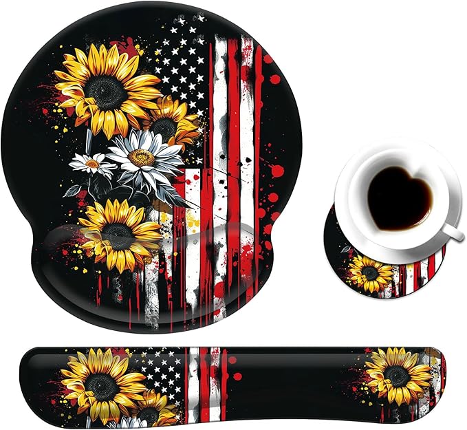 Keyboard Wrist Rest and Mouse Pad Wrist Support Set with CoasterComfortable for Easy TypingPain ReliefMemory Foam Keyboard Pad Set for Laptop MacAmerican Flag Sunflower