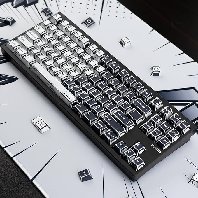 Black and White Manga Theme Keycaps 136 Keys Dye-Sublimation PBT Custom Keycap Set Cherry Profile Keyboard Keycaps for 60% 65% 70% 75% 100% Cherry Gateron MX Switches Mechanical Keyboard