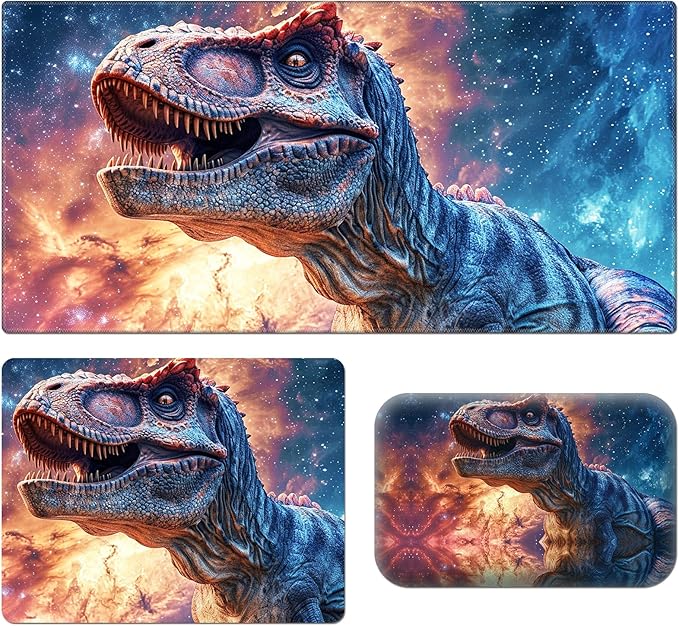 Desk Pad Large Game Mouse Pad + Small Mouse Pad + Wrist RestErgonomic Mouse PadTable Mat with Stitched EdgeAnti-SlipMemory Foam Desk Mat for Home Office Gaming(23.6×11.8in)Galaxy Dinosaur