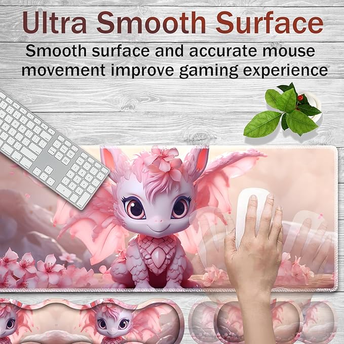 Gaming Mouse Pad Set Large Gaming Mouse Pad+Keyboard Wrist Rest+Mouse Wrist Rest+Coaster Easy Typing Pain Relief 31.5 × 11.8 inch Desk Mat for Home Office - Sakura Dragon