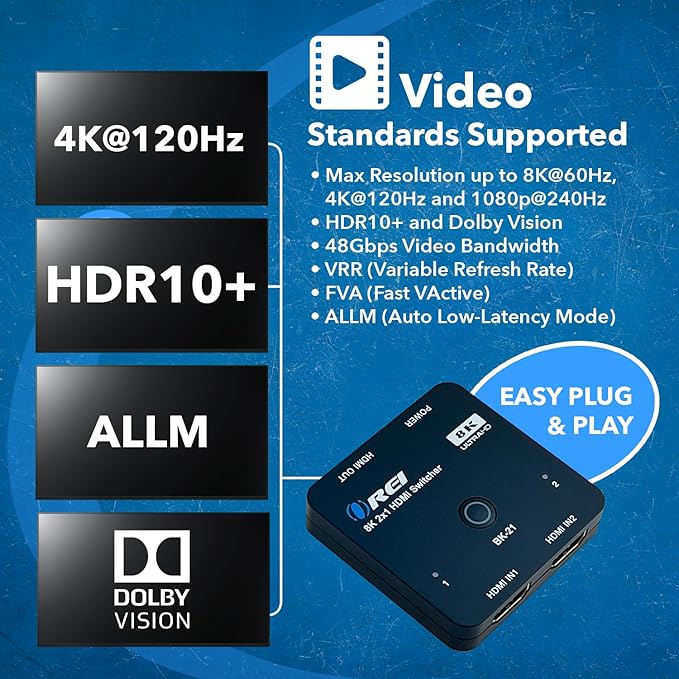 OREI 8K 2x1 HDMI Switch 4K@120hz - Auto HDMI Selector 48Gbps High Resolution Switch Between 2 Inputs Perfect for Gaming PS5 Xbox HDR10 Dolby Vision