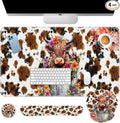 Arttown Highland Cow Flower Desk Mat Leaves Cartoon Print Mouse Pad Set 4 in 1 Ergonomic Design Large Mousepad + Keyboard Wrist Rest + Mouse Wrist Rest + Coaster Suitable for Home Office Study Game
