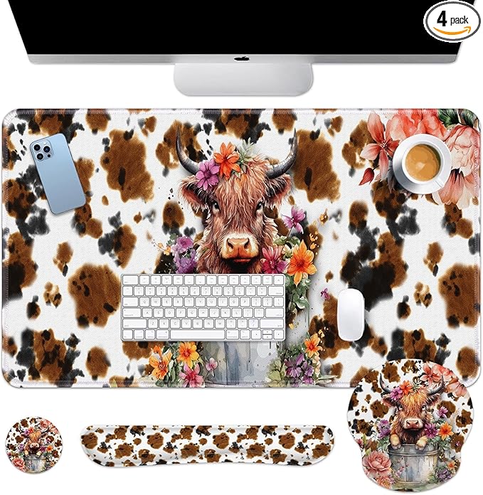 Arttown Highland Cow Flower Desk Mat Leaves Cartoon Print Mouse Pad Set 4 in 1 Ergonomic Design Large Mousepad + Keyboard Wrist Rest + Mouse Wrist Rest + Coaster Suitable for Home Office Study Game