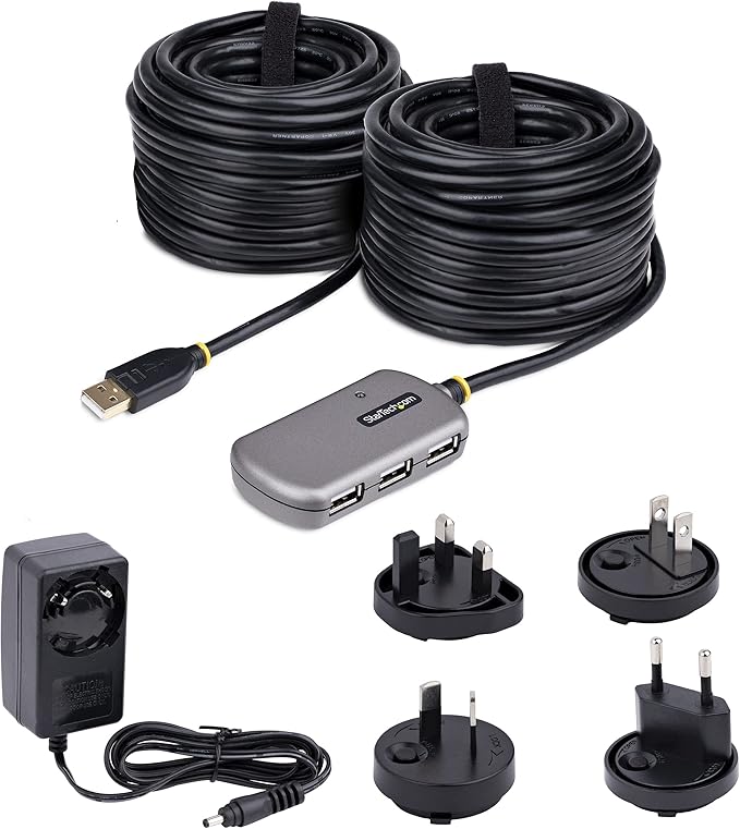 StarTech.com USB Extender Hub 24m USB 2.0 Extension Cable with 4-Port USB-A Hub Active/Bus Powered USB Repeater Cable Optional 10W Power Supply Incl. Level 4 ESD Protection TAA