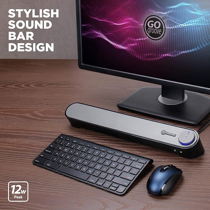 GOgroove Computer Speaker Mini Soundbar - USB Powered PC Sound Bar with Easy Setup Wired AUX Stereo Audio Microphone Port Volume Control Knob Under Monitor Design for Desktop (Black)