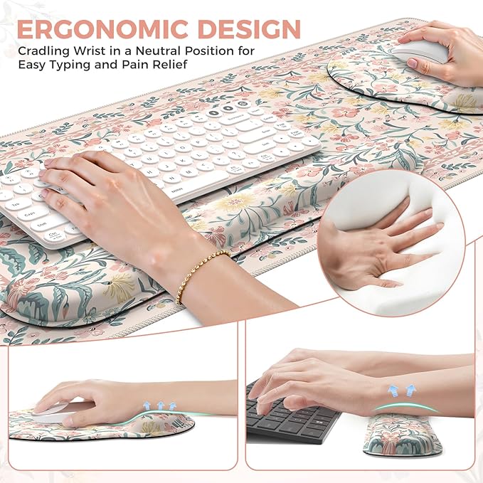 iCasso Desk Mat Large Mouse Pad Wrist Support Set XXL Large Mousepad + Keyboard Wrist Rest+Mouse Wrist Rest+Coastert with Ergonomic Design for Home Office Computer