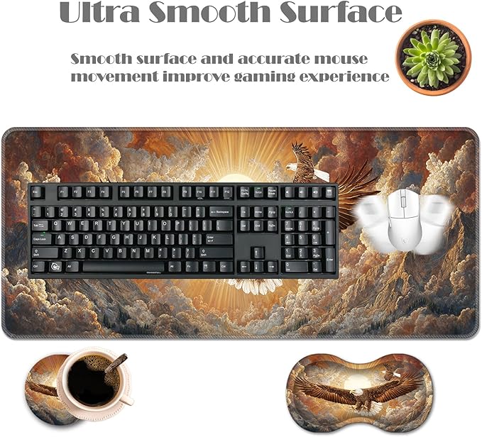 Ergonomic Keyboard Wrist Rest &amp Mouse Pad Wrist Rest SetXL Gaming Desk Mat 31.5x 11.8Non-Slip BaseMemory FoamEasy Typing Pain Relief for Office &amp HomeEagles Soaring at Sunset