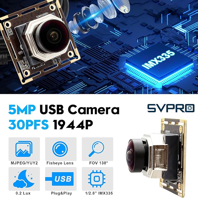 Svpro 5MP 30FPS Auto Focus USB Camera Module Wide Angle IMX335 Sensor Low Light Security Webcam for Industrial Image Processing UVC Plug &amp Play for Windows MacOS Linux Android (AF-170 (Fishe