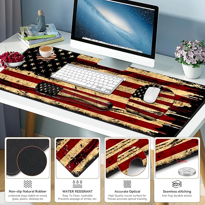 Large Mouse Pad with Wrist Support 4in1 Set XXL Game Mousepad + Keyboard Wrist Rest+Mouse Wrist Rest+Coaster with Ergonomic Design Gaming Mat for Home Office Table Computer I Retro USA Flag