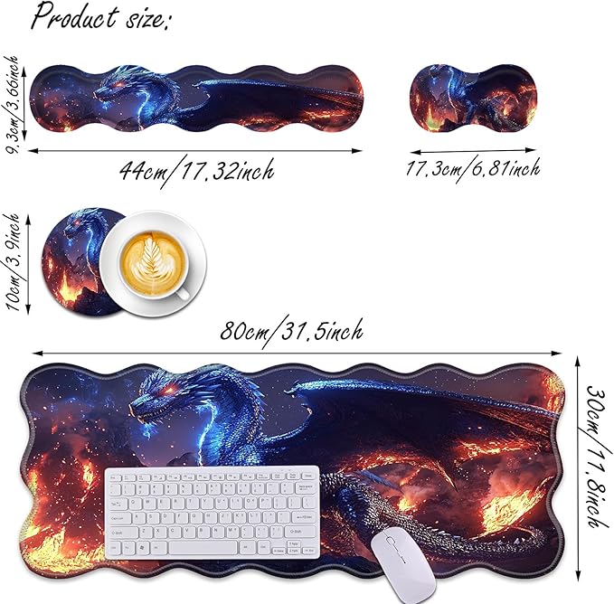 Bxgolkgd Desk Mat SetMouse Pad with Keyboard Wrist Rest &amp Mouse Wrist RestWave-Shaped DesignNon-Slip Rubber BaseErgonomic Desk Mat for HomeOfficeGamingDragon