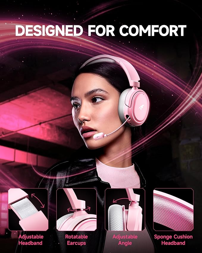 Wireless Gaming Headset 7.1 Surround Sound 2.4GHz USB Gaming Headphones with Bluetooth 5.4 100H Battery ENC Noise Canceling Mic RGB Light Wireless Headset for PC PS5 PS4 Mac Switch (Gray-Pink)