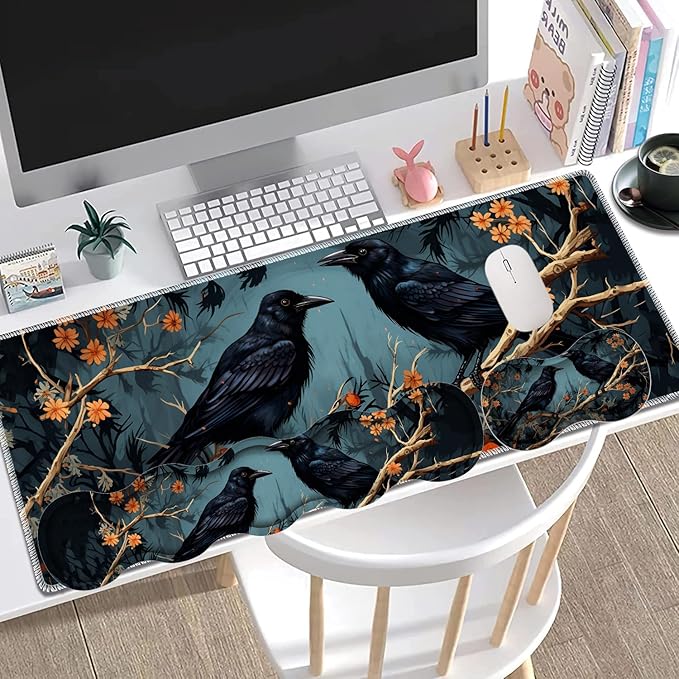 Large Gaming Mouse Pad + Keyboard Wrist Rest + Wrist Support + Coaster Set Memory Foam Ergonomic for Easy Typing XXL Extended Gaming Mouse Pad Table Pad - Branch Crow