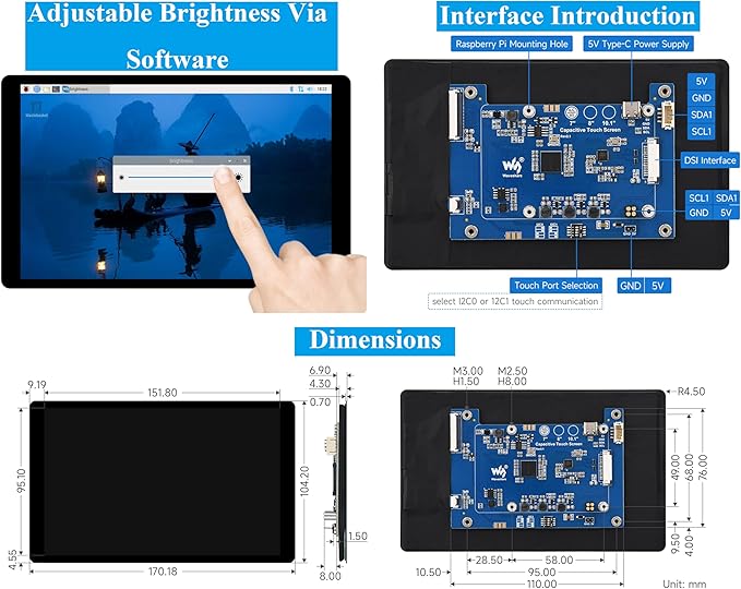7inch DSI LCD Compatible with Raspberry Pi 5/4B/CM4/3B+/3A+/3B/Compute Module 5/CM5/CM4/CM3+/CM3 1280 x 800 Capacitive Touch Screen IPS Display Optical Bonding Toughened Glass Panel 10-Point Touch