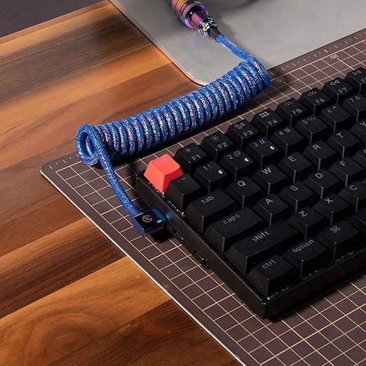 Keychron Premium Coiled USB-C Angled Aviator Cable – Rainbow Plated Blue 5-Pin GX16 Detachable Metal Connector USB-A Adapter Double-Sleeved Design for Mechanical Keyboards Charging and Data Sync