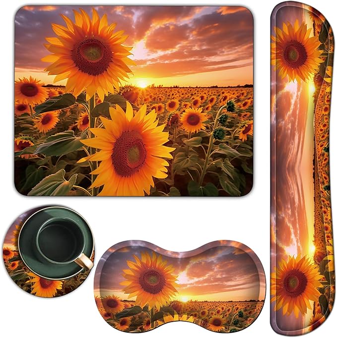 Keyboard Wrist Rest + Mouse Pad + Mouse Wrist Rest Support + Coaster Set Ergonomic Memory Foam Mouse and Keyboard Pad Set for Laptop Computer Office Home Working GamingSunflower