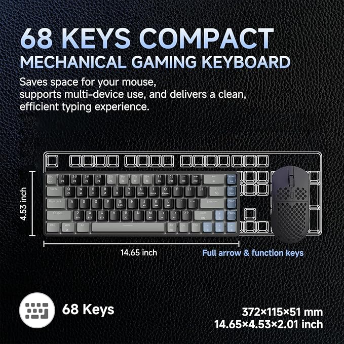 DIERYA DK68 60% Wireless Mechanical Gaming Keyboard 3 Modes Bluetooth/2.4GHz/USB-C with Red Linear Switch RGB Backlit Anti-Ghosting 68-Key Compact mini keyboard for Windows/macOS/Linux- Grey/Black