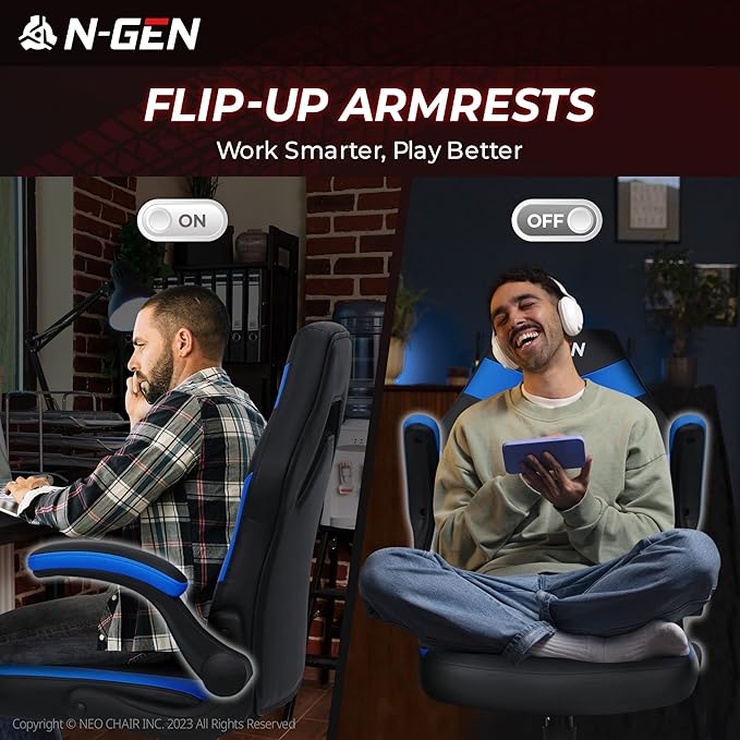 N-GEN Video Gaming Chair Ergonomic Computer Desk Office Chair with Lumbar Support Adjustable Height Swivel Wheels Flip-Up Arms PU Leather Home and Office (Blue)