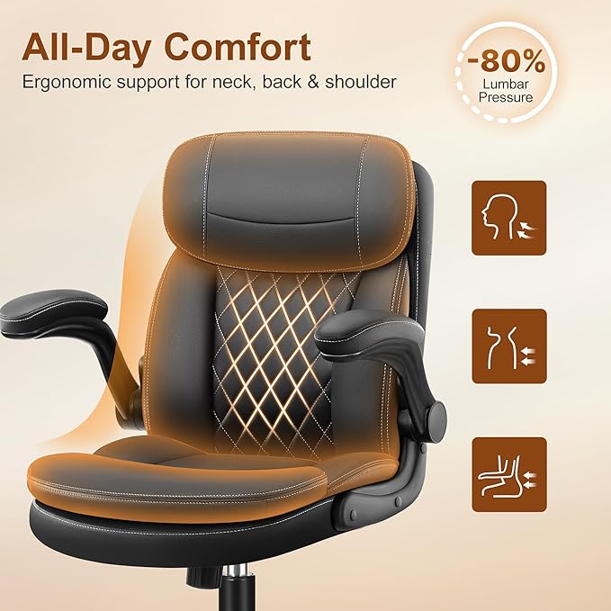 Leather Office Chair Upgraded PU Computer Desk Chairs with Double-Layer Seat Cushion and Neckrest 360°Swivel Ergonomic Small Gaming Chair with Wheels and Adjustable Armrests for Short People Black