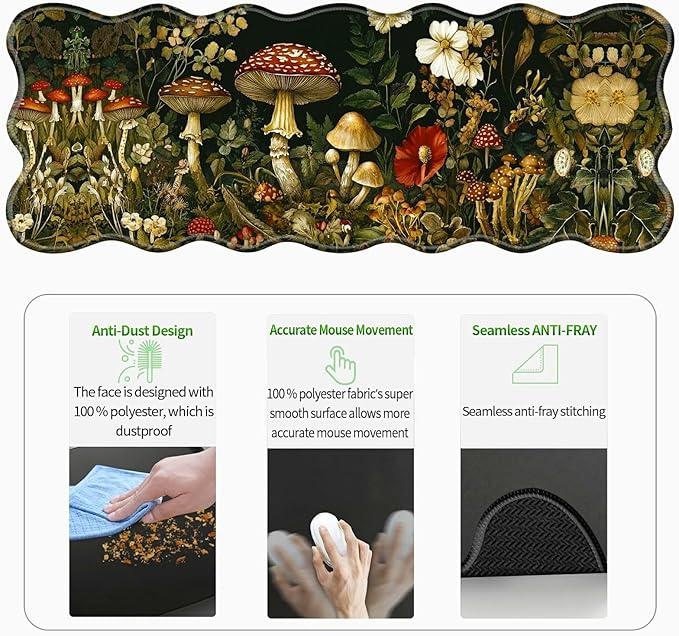 3-Piece Ergonomic Desk Mat &amp Cloud Wrist Rest Set Large 31.5 x 11.8 Wave Office Desk Pad with Memory Foam Support Non-Slip Computer Protector for Home Gaming &amp Writing Mushroom Flower