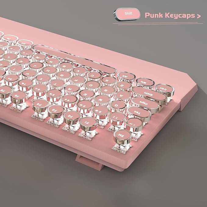 MageGee Typewriter Mechanical Gaming Keyboard Retro Punk Pink Round Keycaps 104 Keys LED White Backlit Wired Keyboards for Laptop MAC PC Gamer with Magnetic Wrist Rest Blue Switch